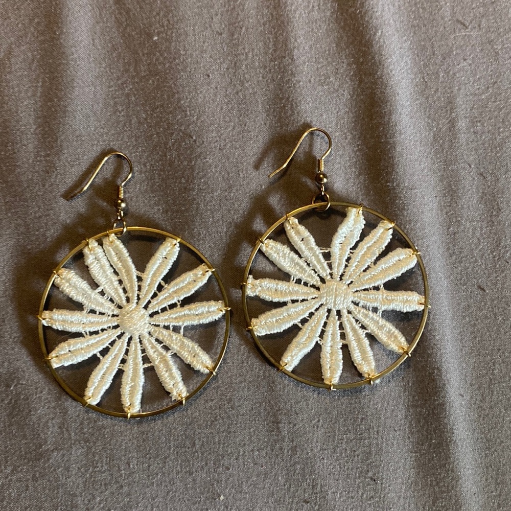 Gold and white flower crocheted hoop earrings